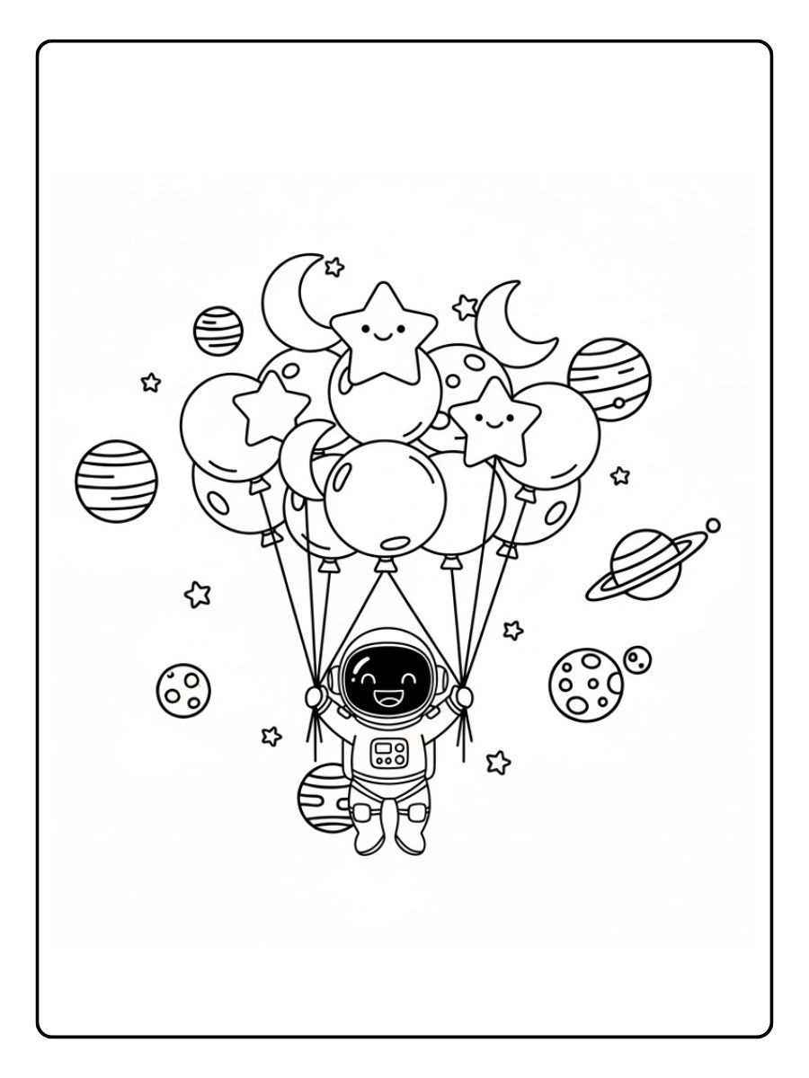 Astronauta flotando con globos espaciales