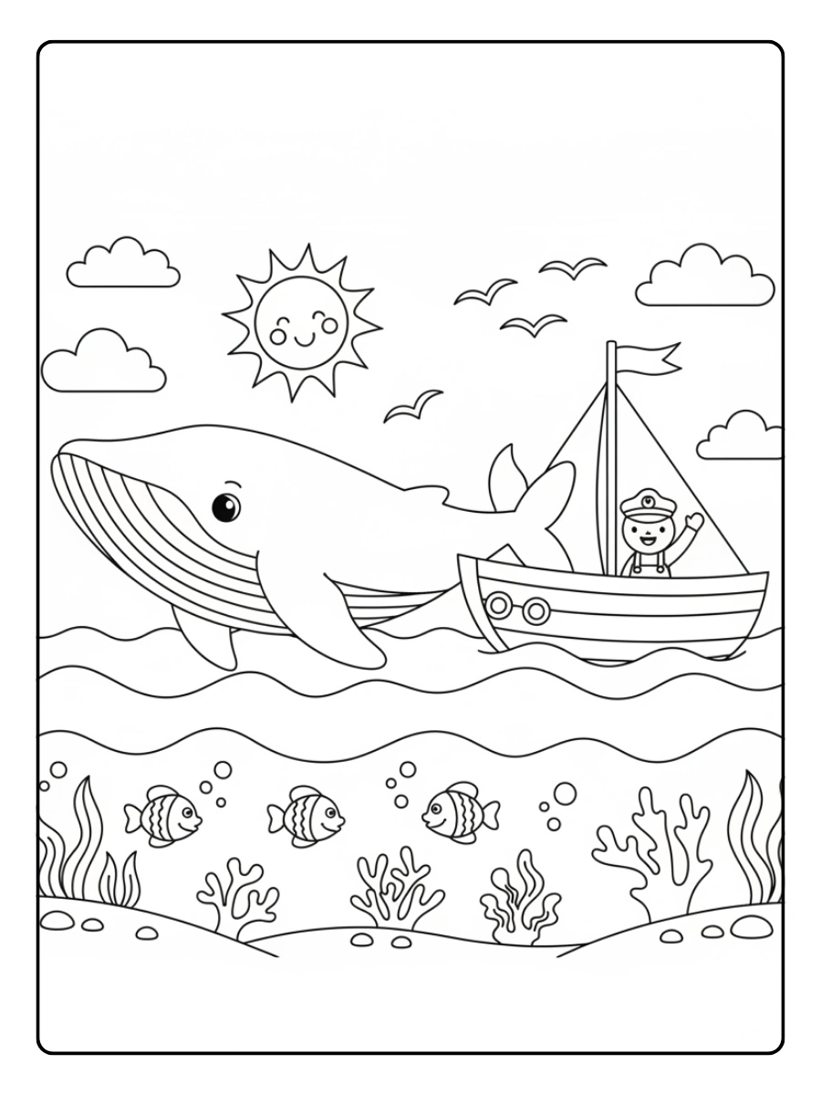 Ballena y barco para colorear