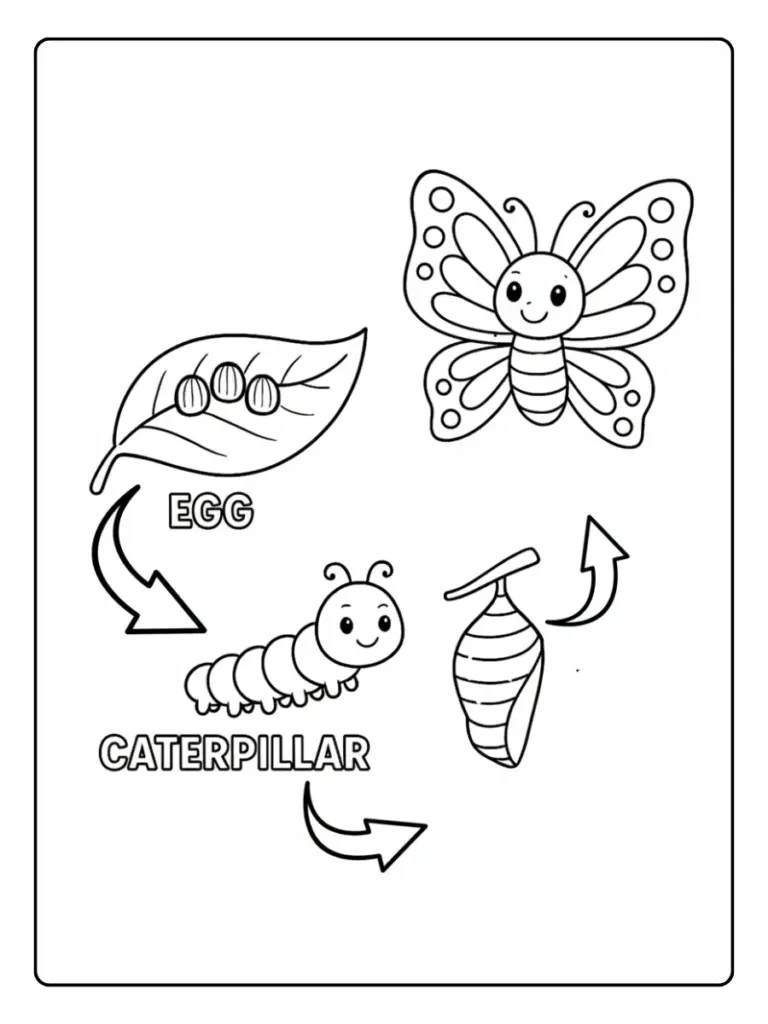 Ciclo de vida de la mariposa fácil para colorear