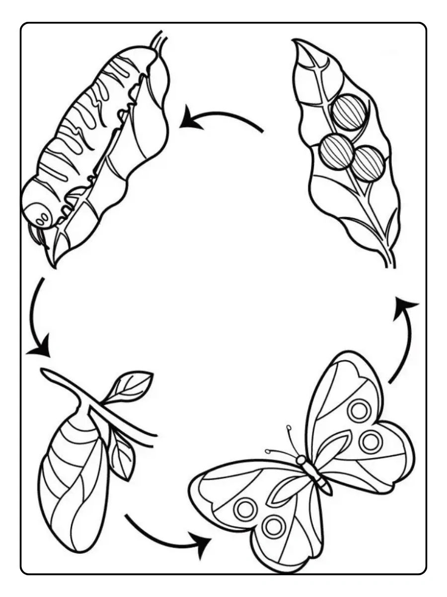 Ciclo de vida de la mariposa realista para colorear