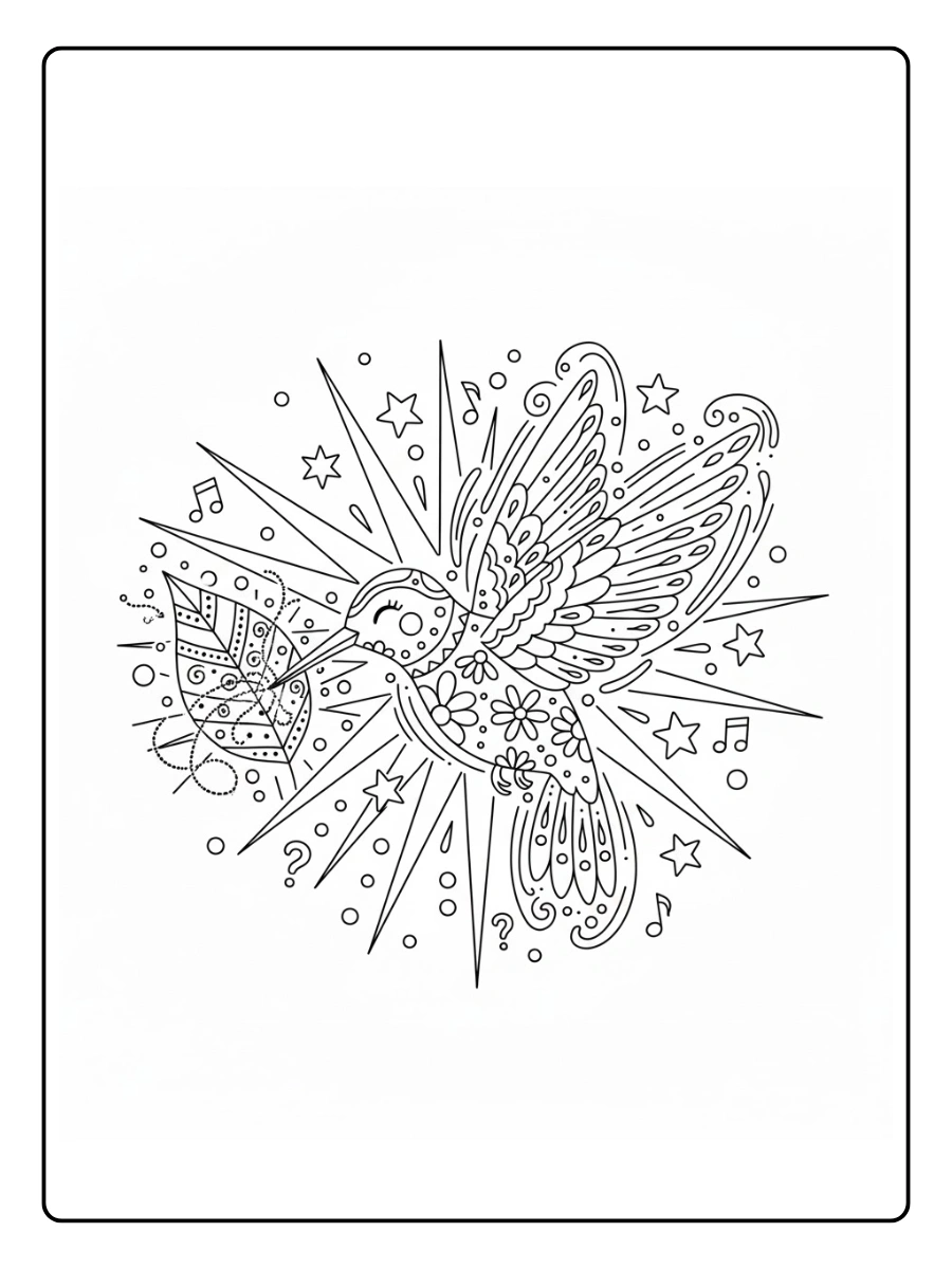 Colibrí alebrije bordando hojas brillantes