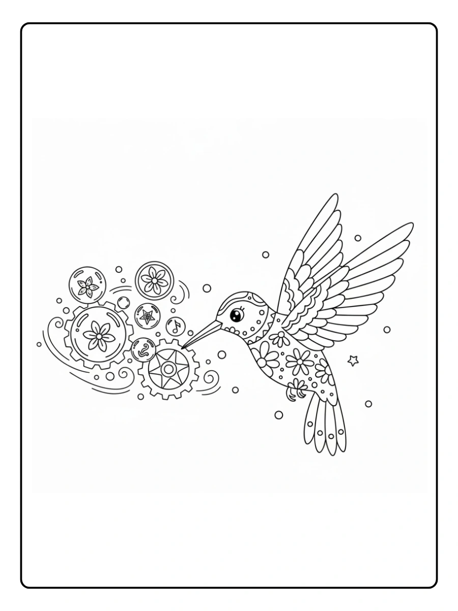 Colibrí alebrije empujando engranajes del viento