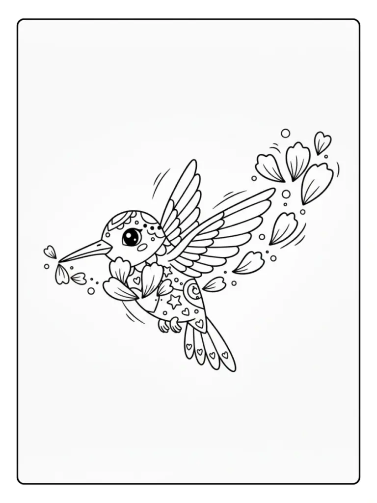 Colibrí alebrije formando un corazón de pétalos