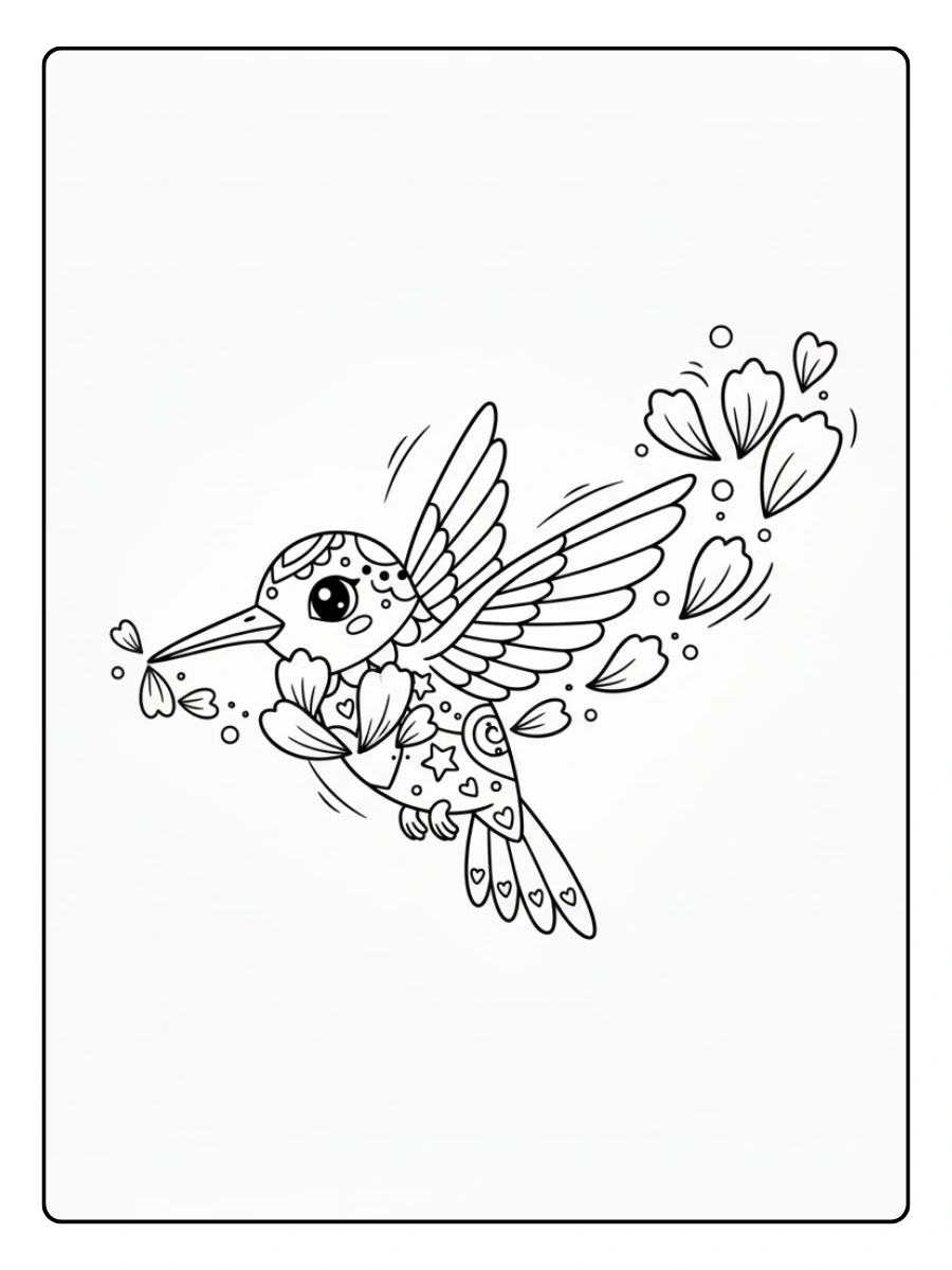 Colibrí alebrije formando un corazón de pétalos