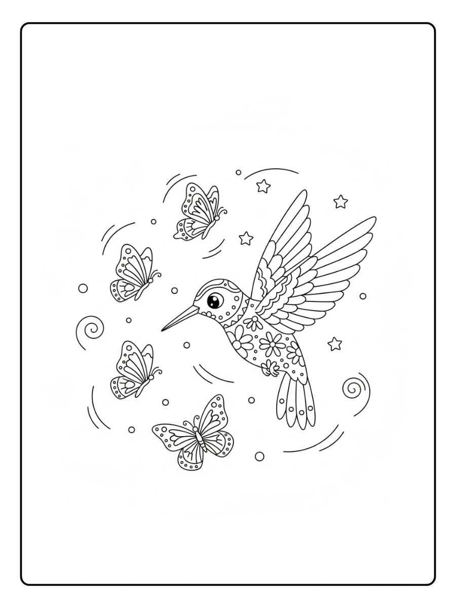 Colibrí alebrije siguiendo mariposasalebrije girando en el aire