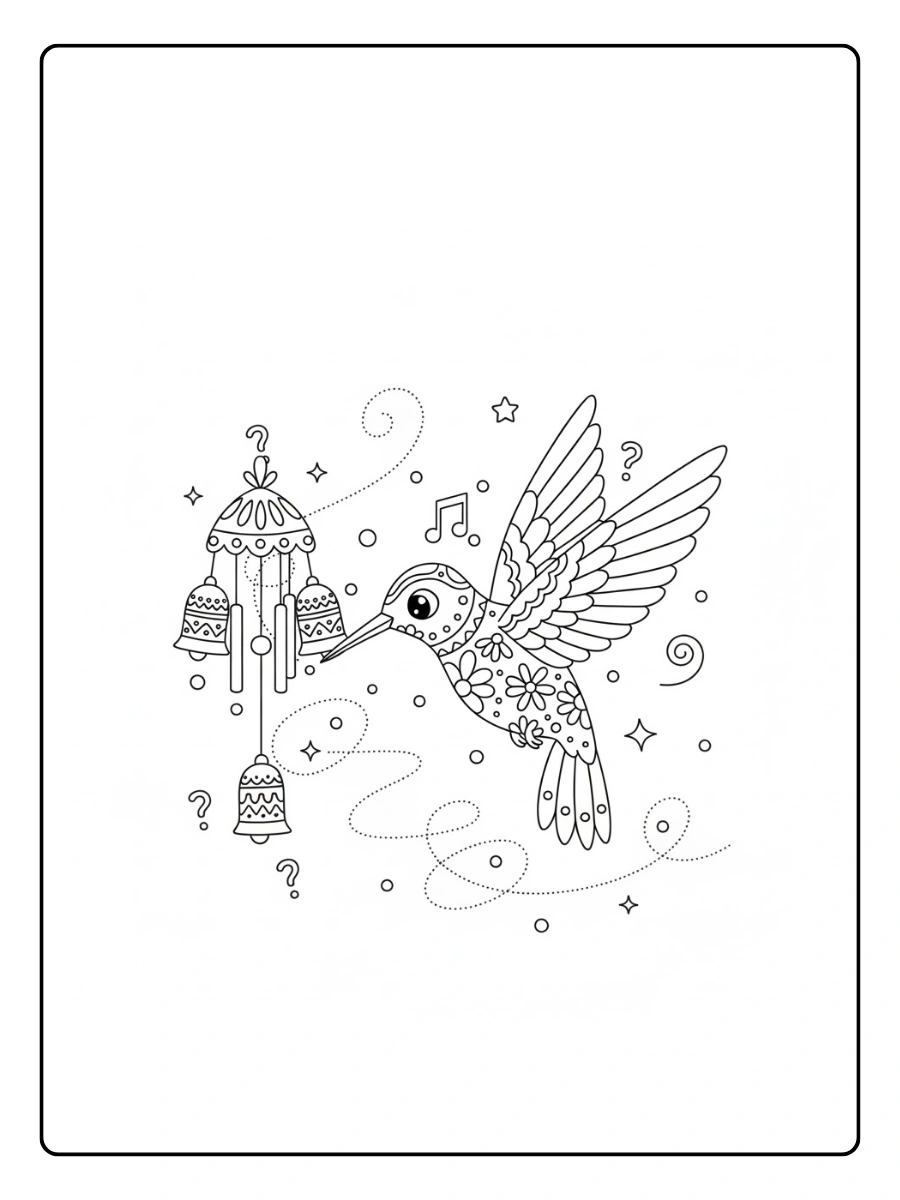 Colibrí alebrije tocando campanas de vientoalebrije caminando curiosoalebrije hecho de estrellas grandeshecho solo con círculos grandes