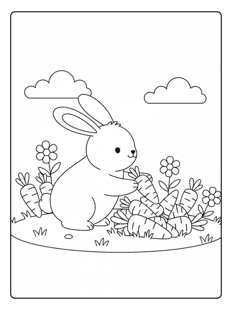 Conejo recogiendo zanahorias para colorear