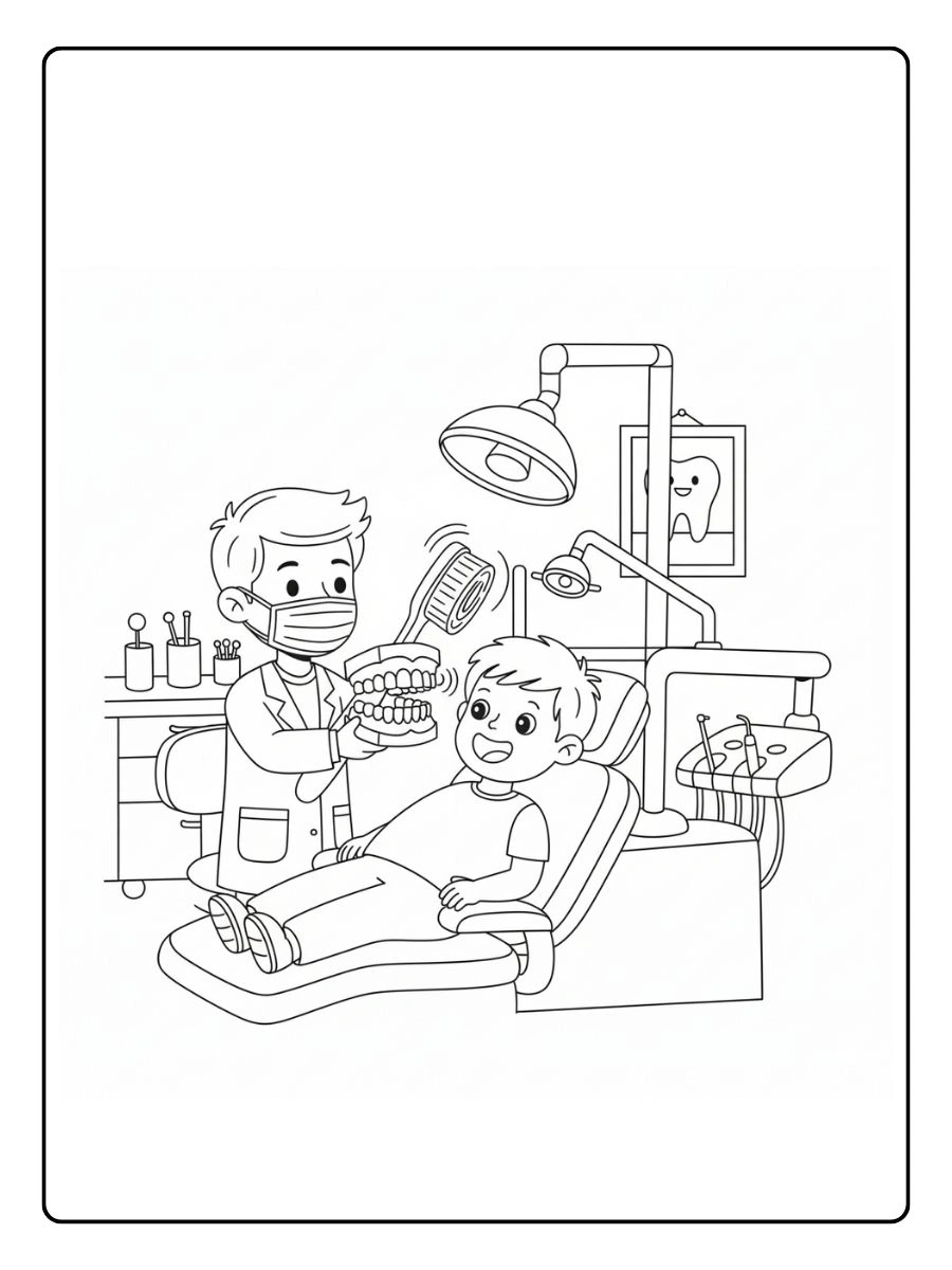 Dentista explicando cómo cepillarsesonriente saludando