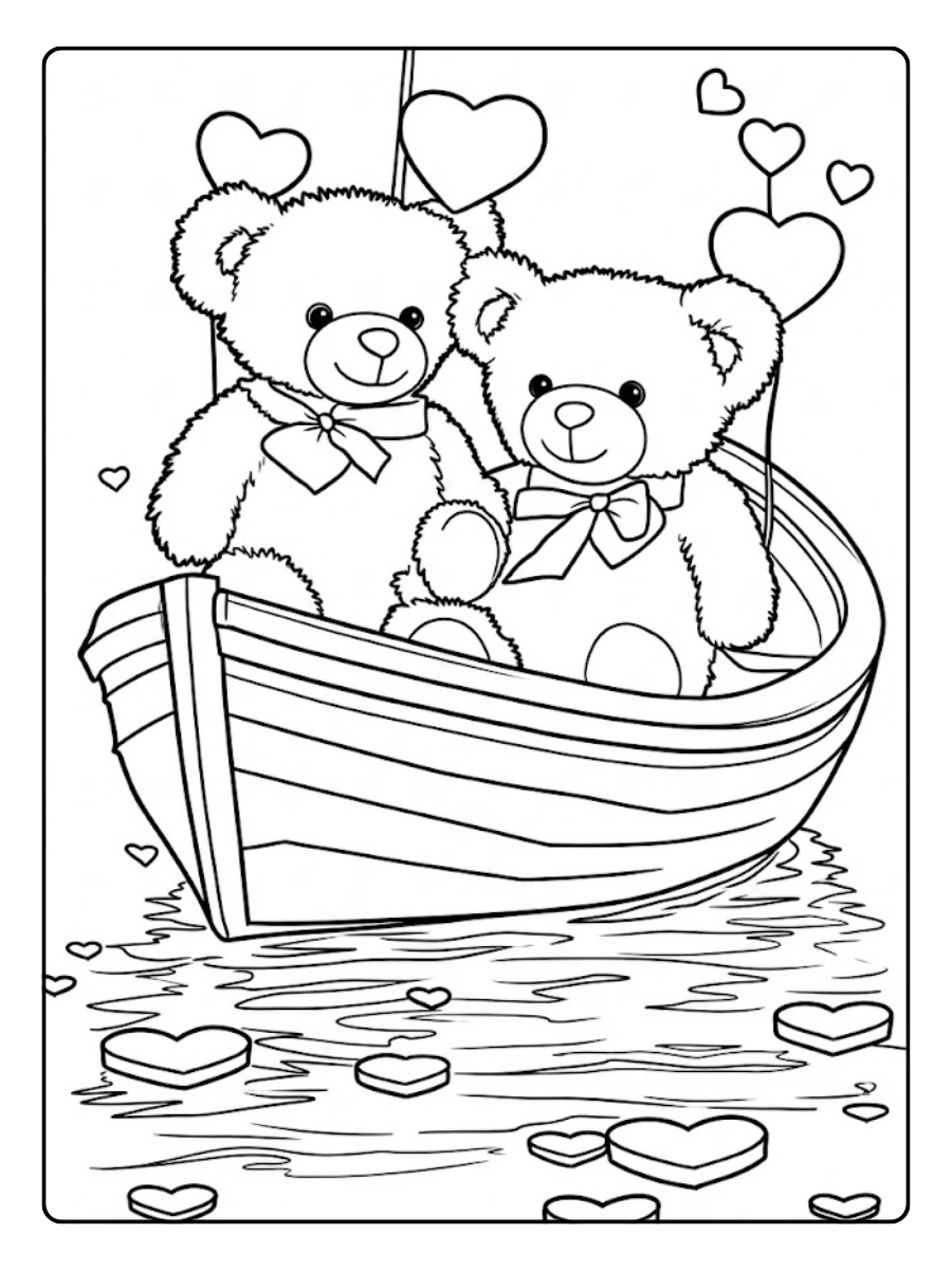 Dos ositos de San Valentín paseando en bote para Colorear