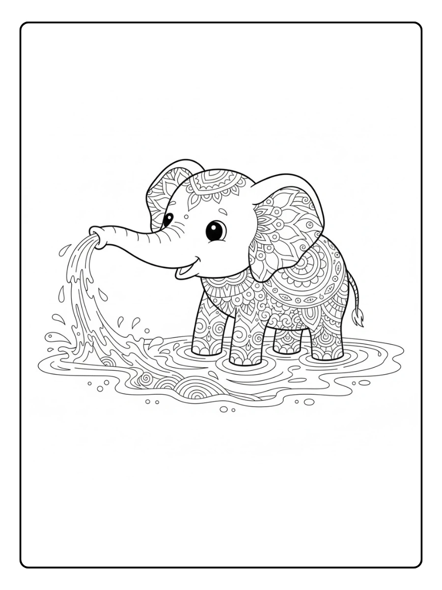 Elefante bañándose mandala para colorear