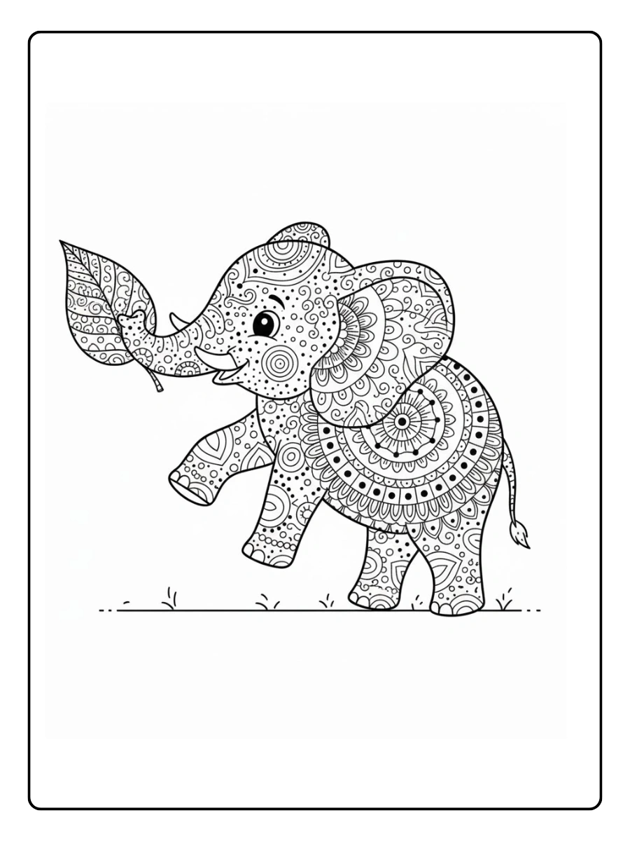 Elefante comiendo hojas mandala para colorear