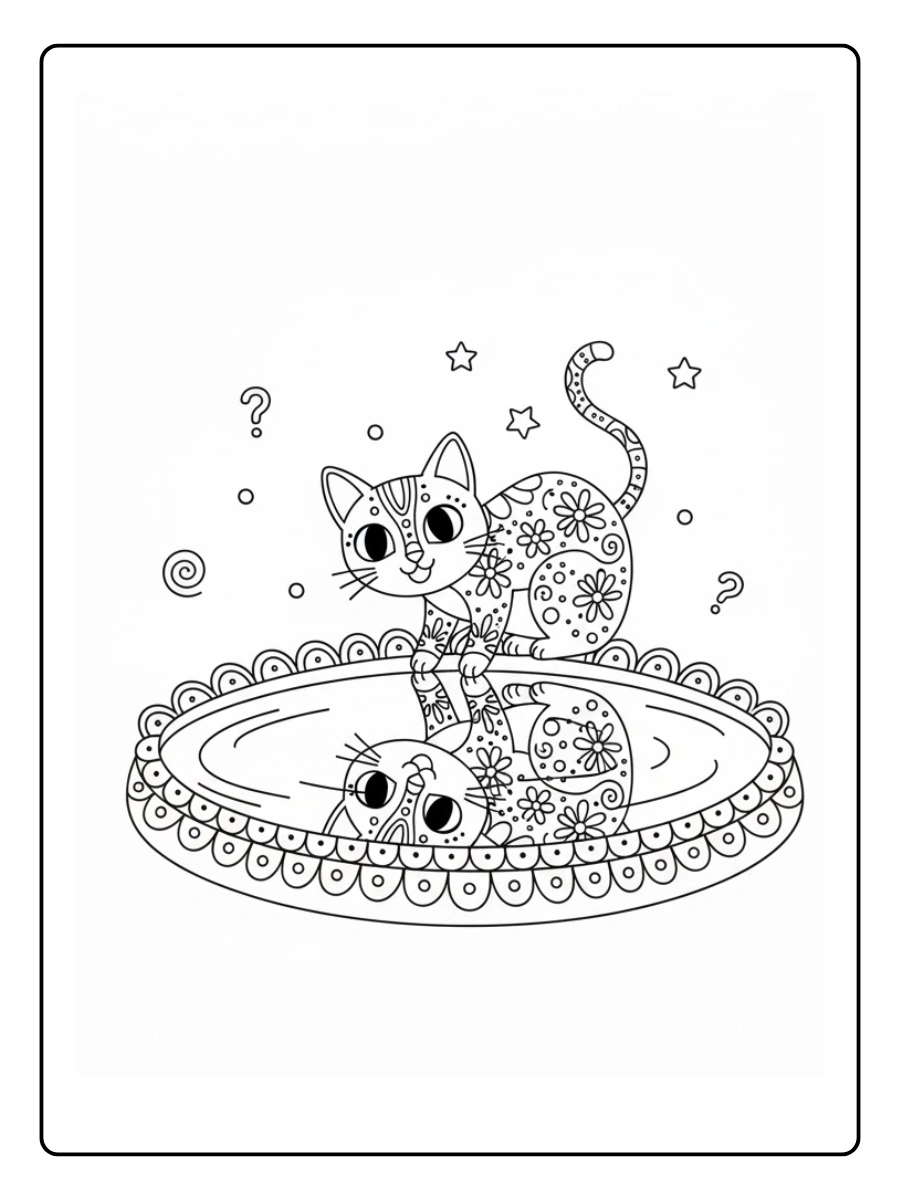 Gato alebrije mirando su reflejoalebrije hecho de estrellas grandeshecho solo con círculos grandes