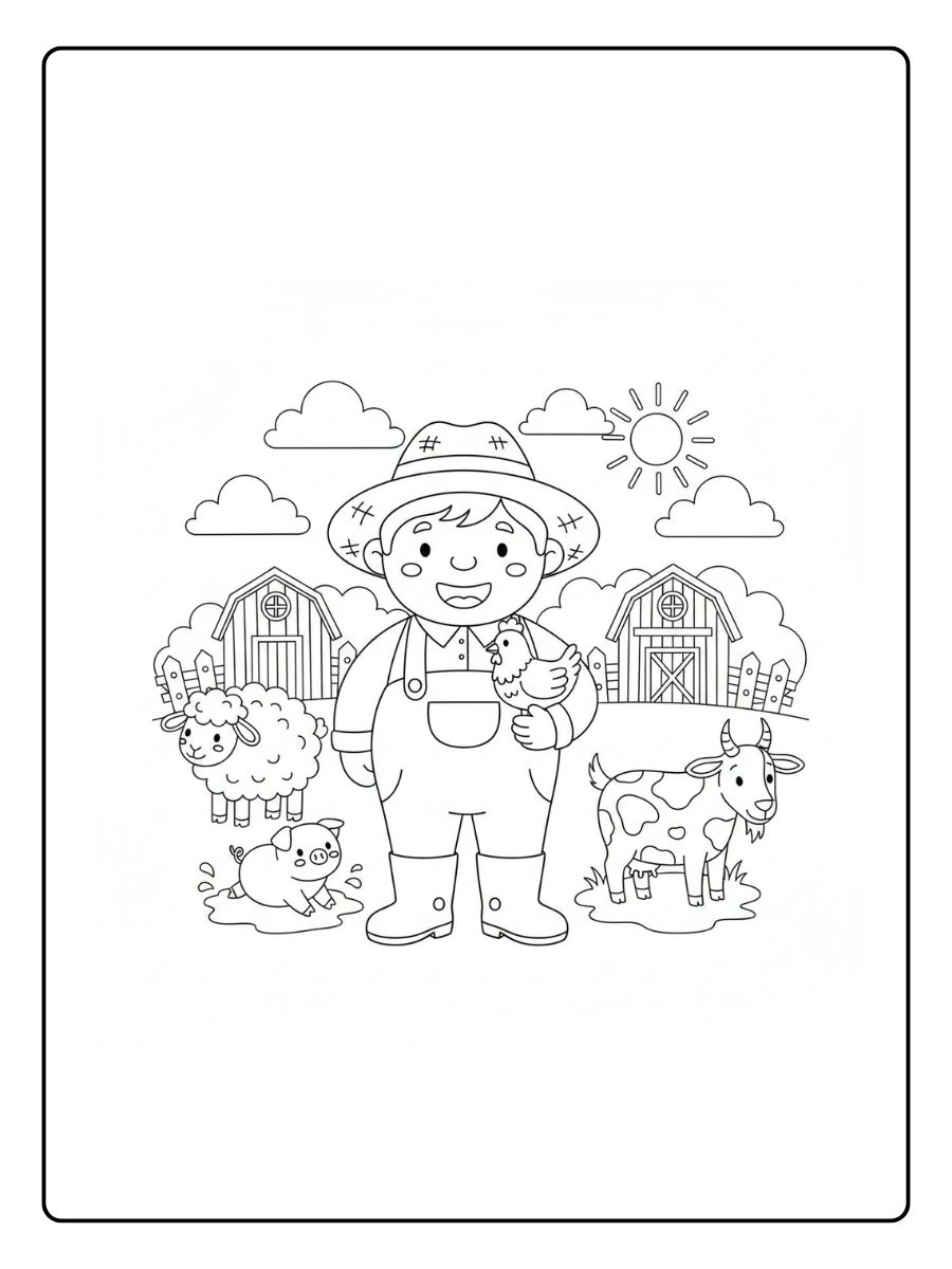 Granjero con animales para colorear