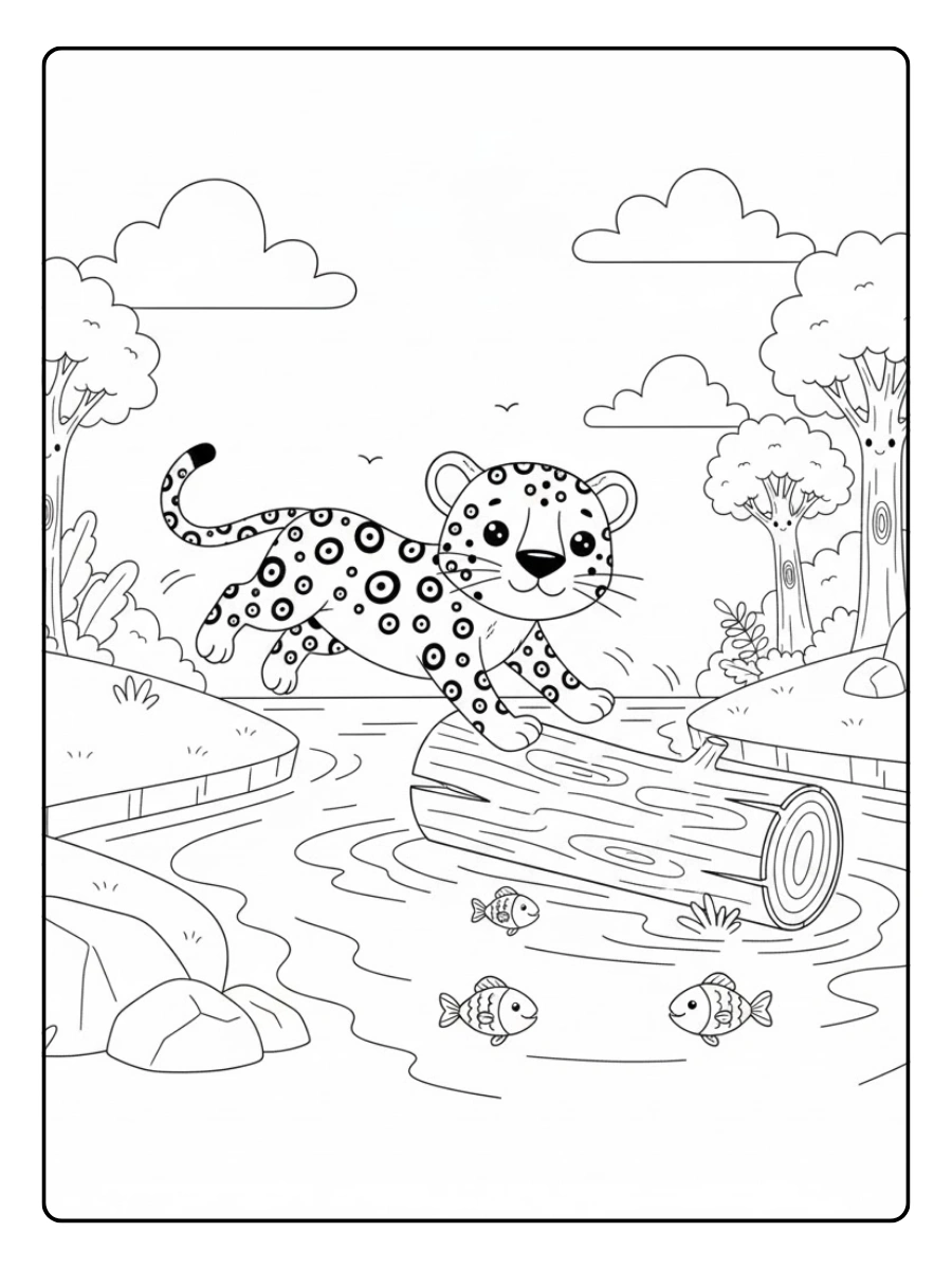 Jaguar saltando sobre un tronco en el río