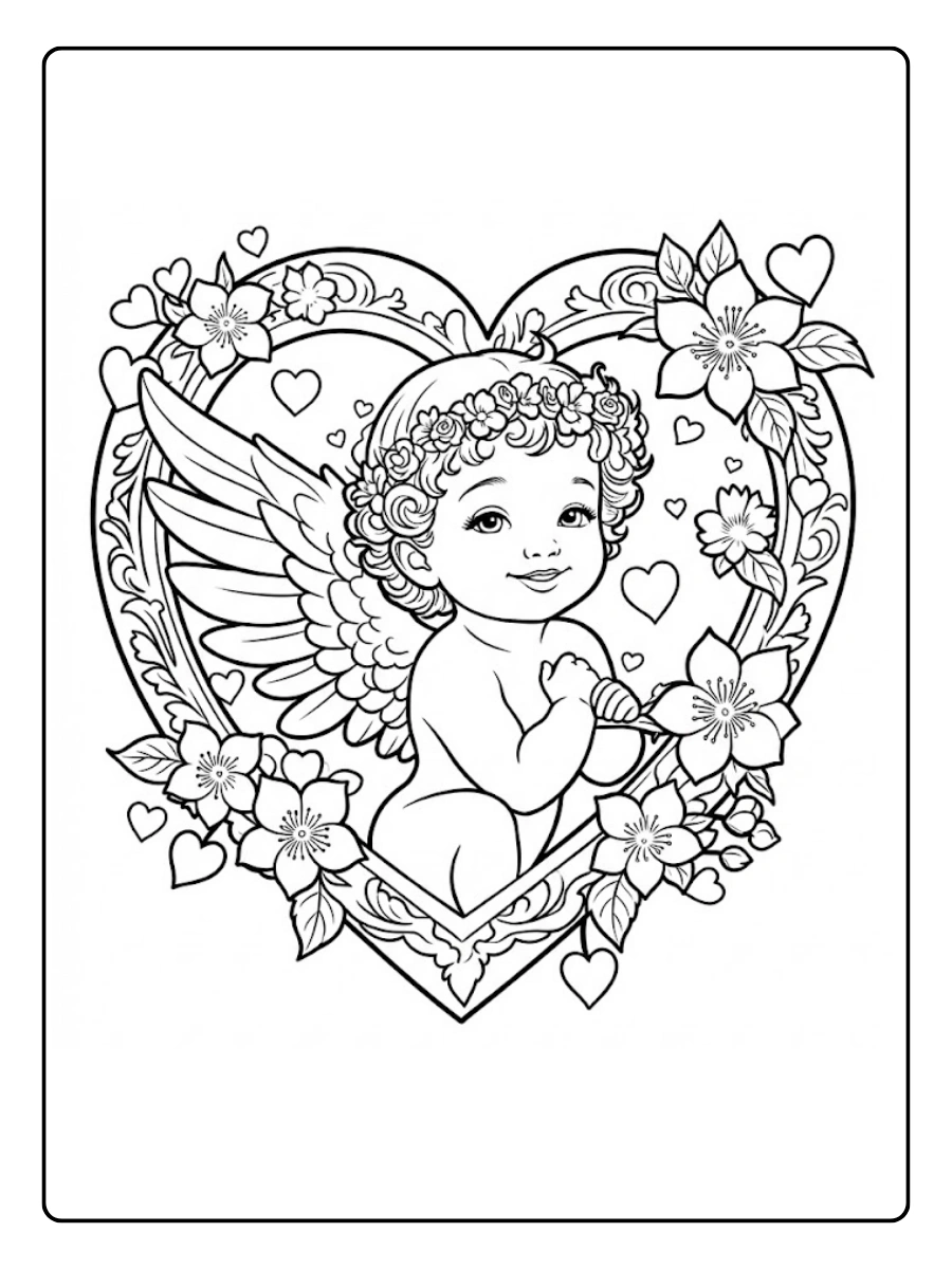 Lindo Cupido en un corazón Para Colorear