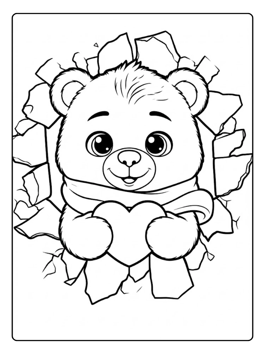 Lindo oso de Valentín asomándose para Colorear