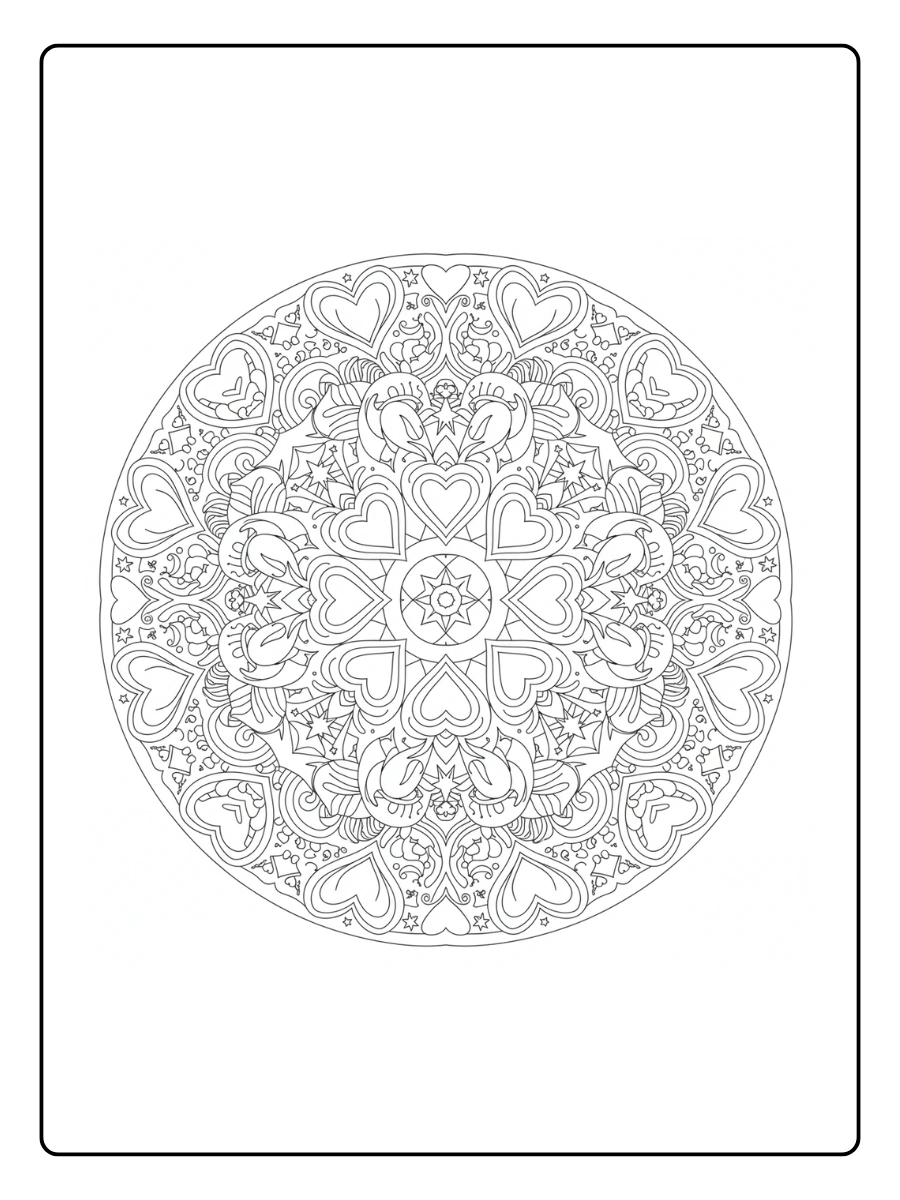 Mandala de alebrije con corazones y estrellascoco alebrije para colorear