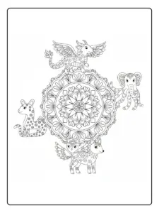 Mandala de alebrije con cuatro animales guardianes