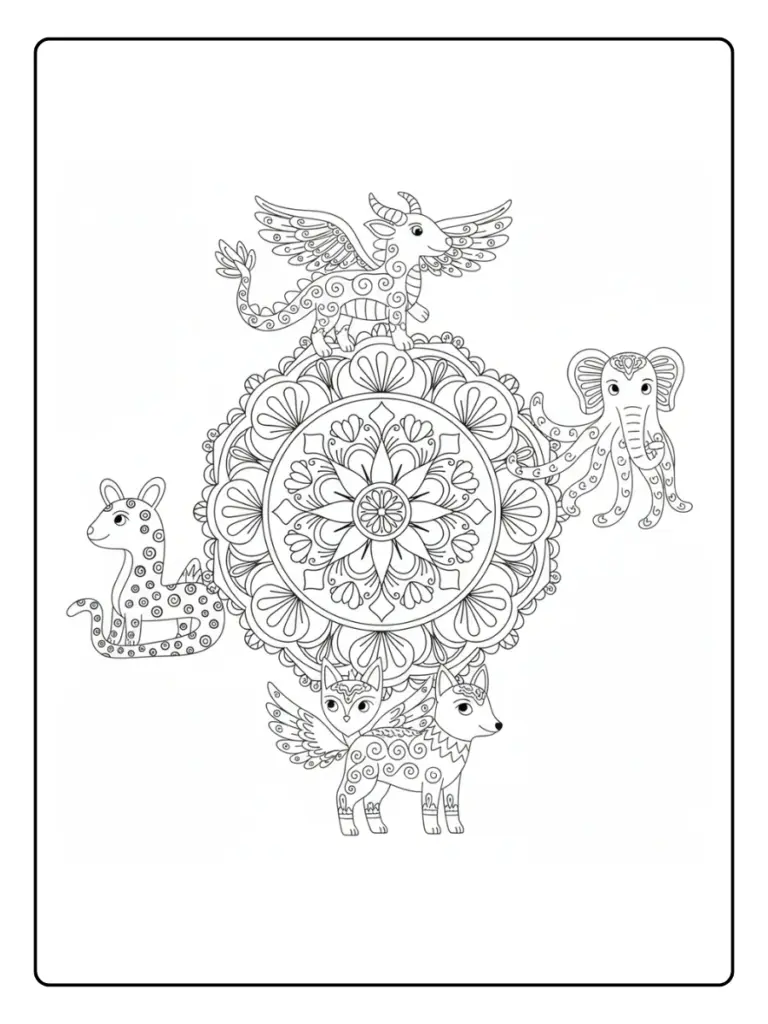 Mandala de alebrije con cuatro animales guardianes