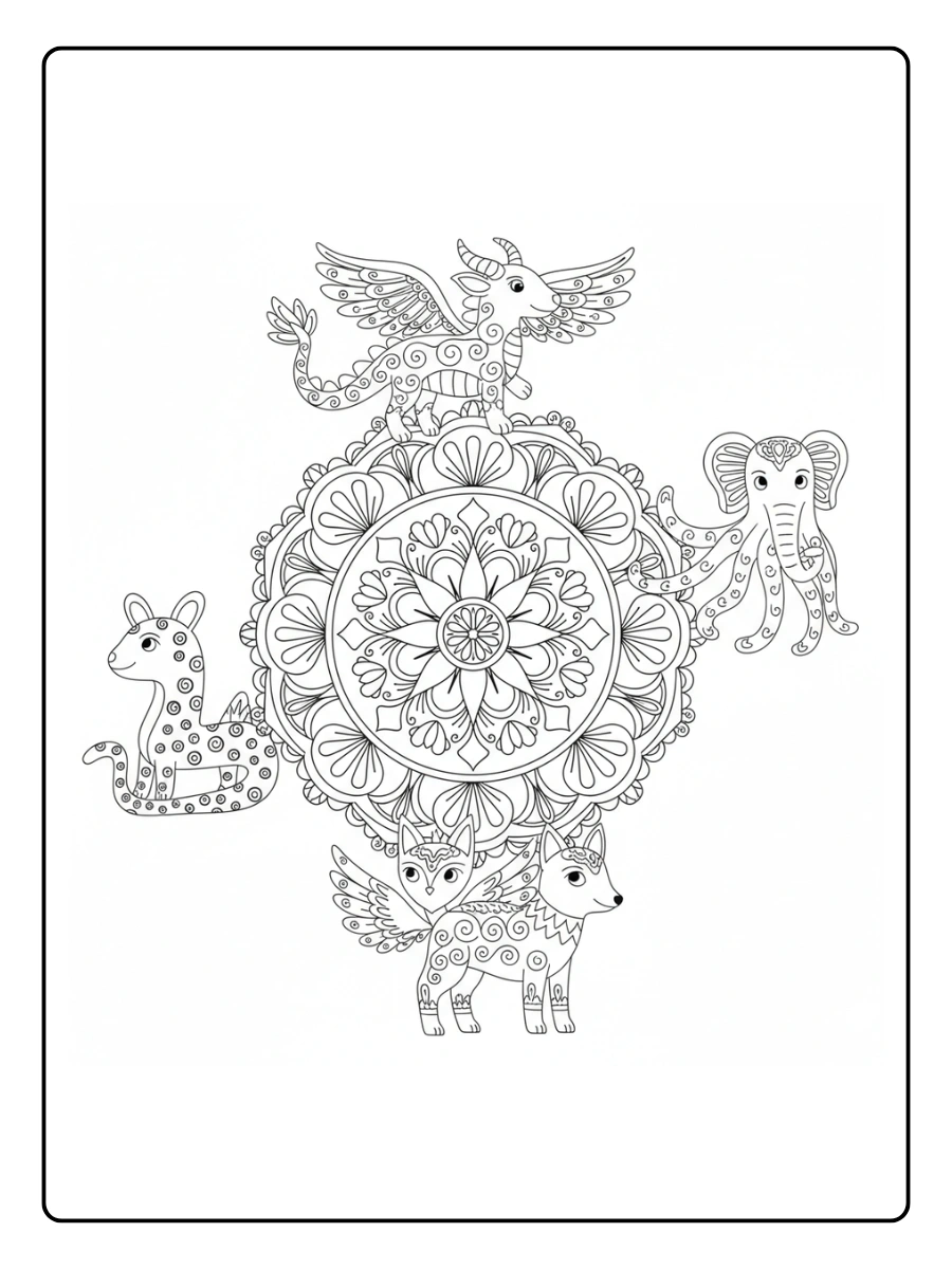 Mandala de alebrije con cuatro animales guardianes