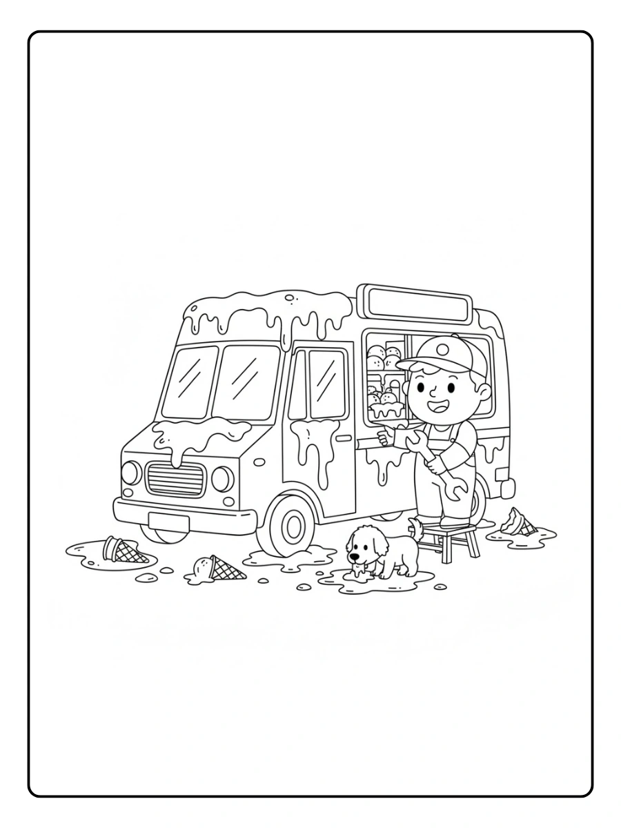 Mecánico arreglando un coche de helados que se derritió.saludando en el espacio