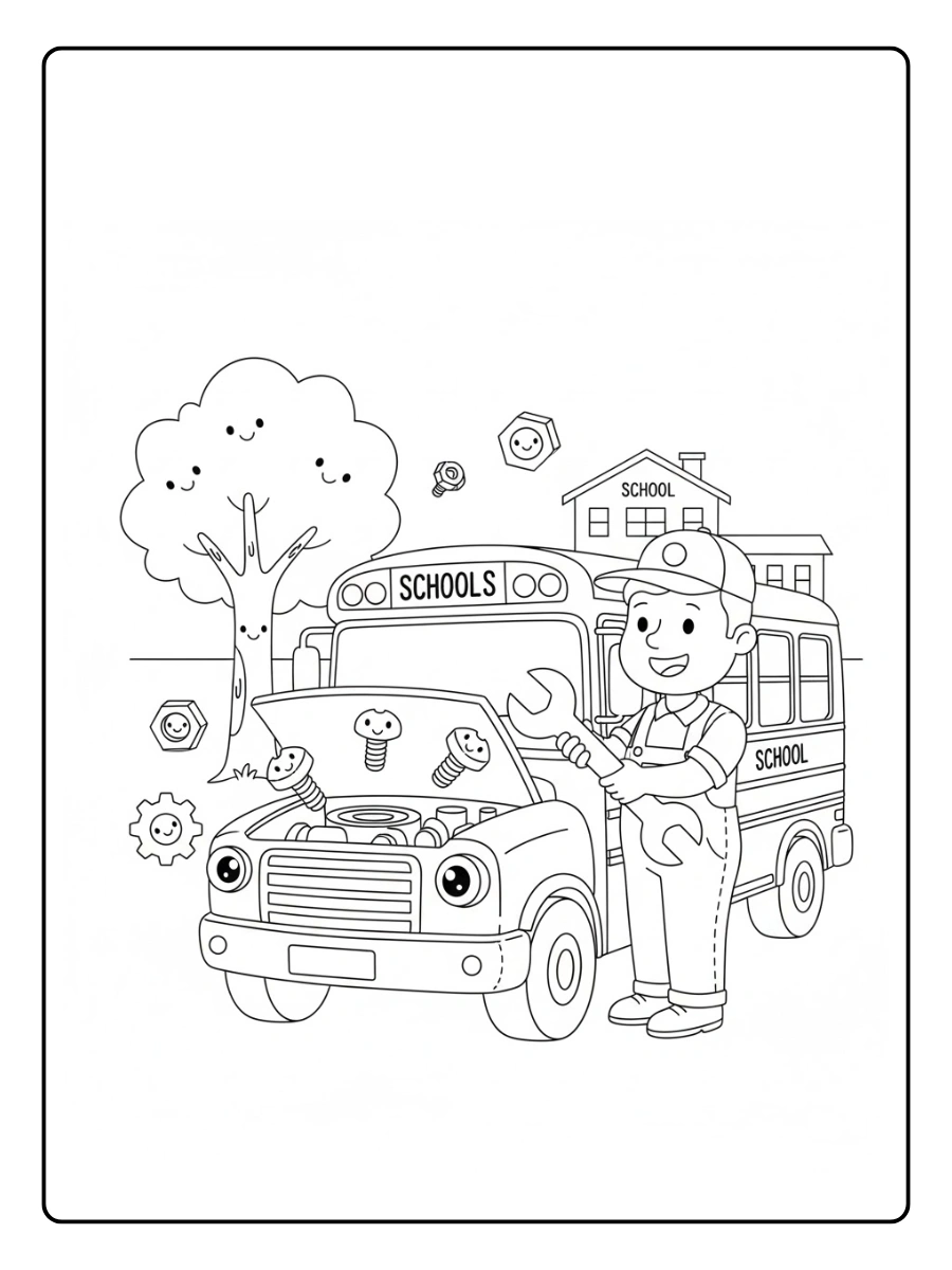 Mecánico reparando un autobús escolar con caras sonrientes