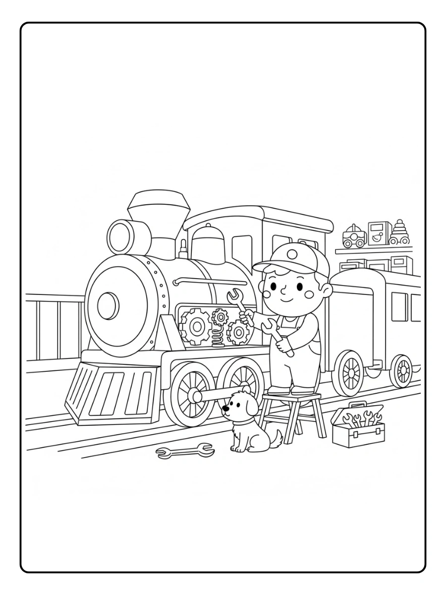 Mecánico reparando un tren de juguete gigante