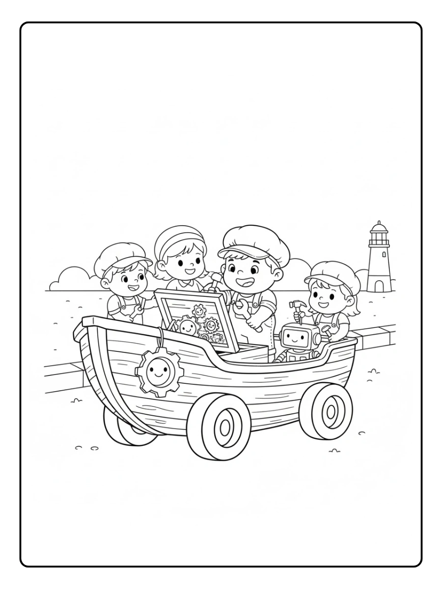 Mecánico y amigos arreglando un barco sobre ruedas