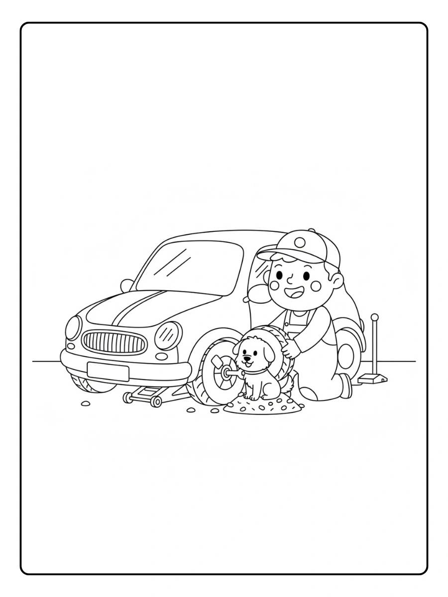 Mecánico y su perro ayudante cambiando una rueda pinchada. saludando en el espacio