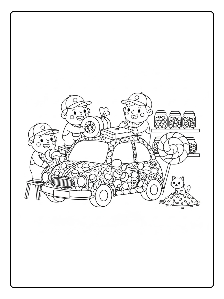 Mecánicos trabajando juntos para construir un coche de caramelos.saludando en el espacio