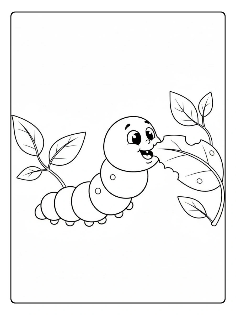 Oruga comiendo hoja para colorear