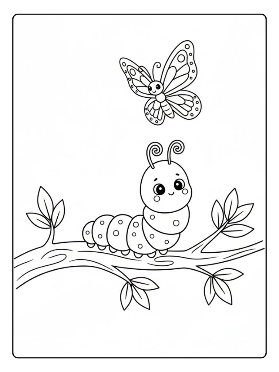 Oruga mirando mariposa para colorear