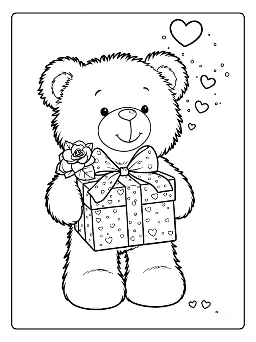 Osito con regalo de Valentín para Colorear