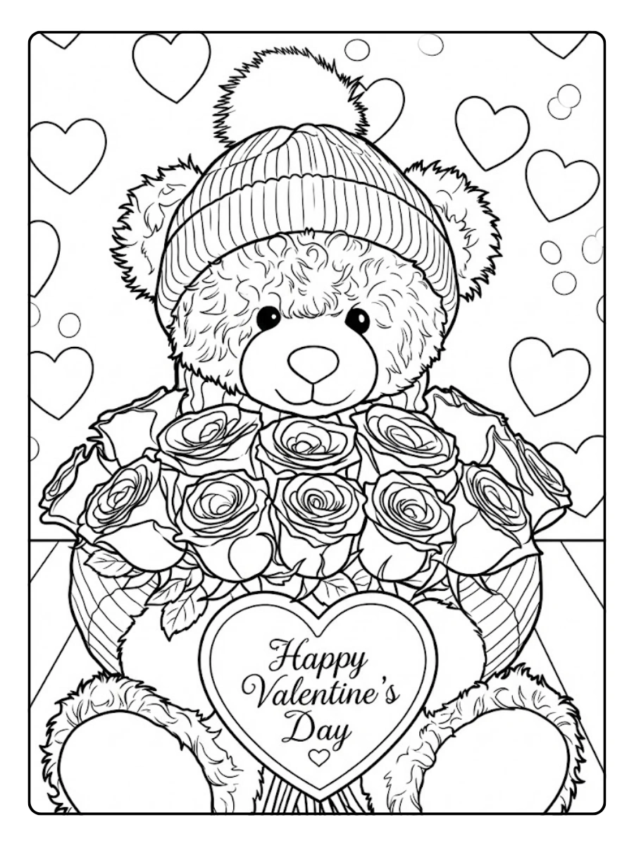 Osito con rosas para un feliz San Valentín para Colorear