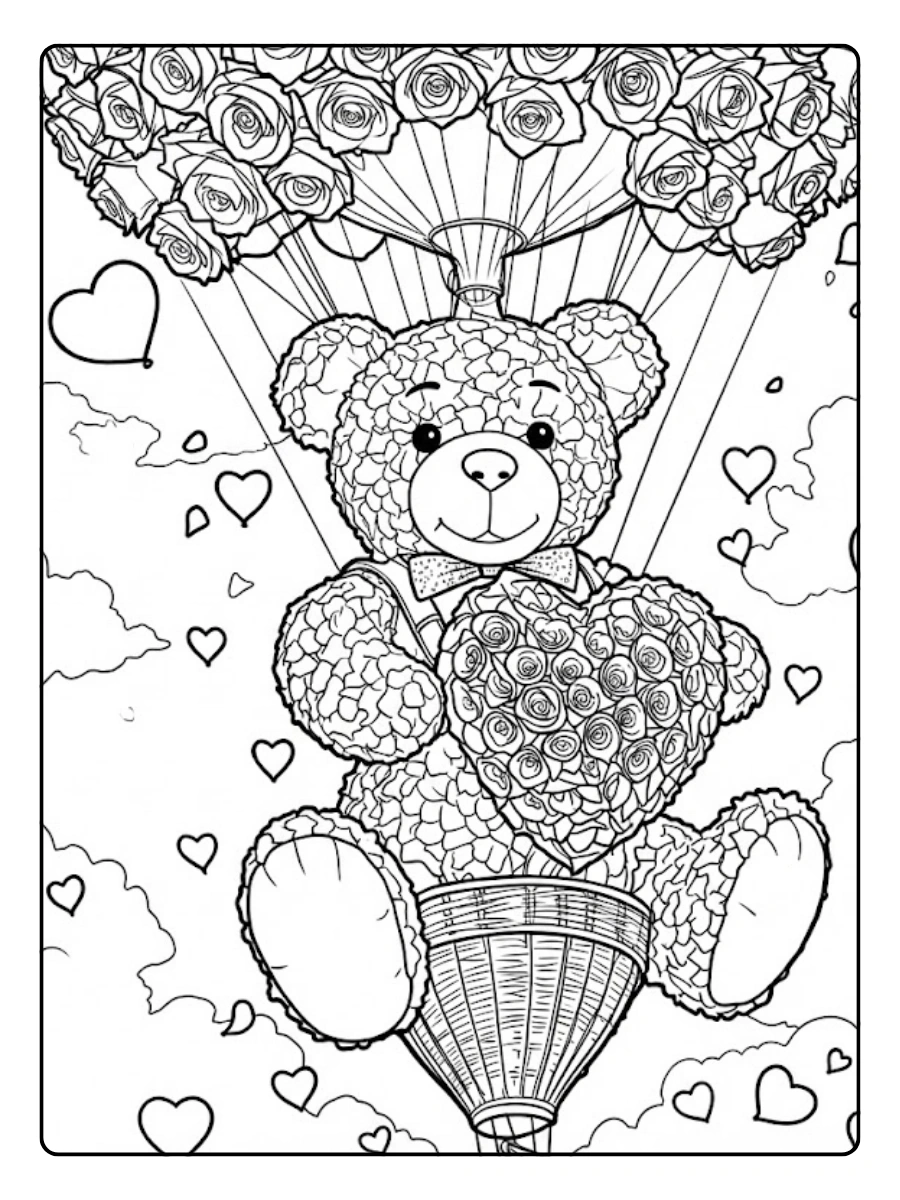 Osito de valentín vuela en un globo de rosas para Colorear