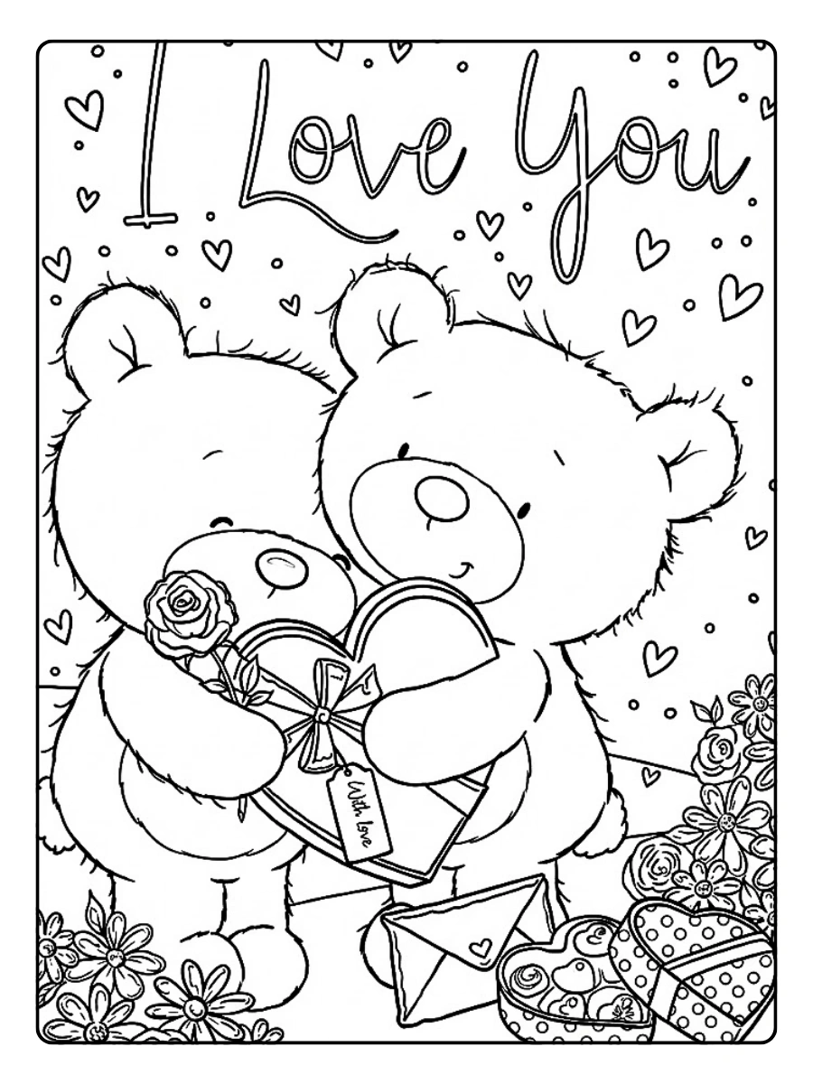 Ositos cariñosos con regalos de San Valentín para Colorear