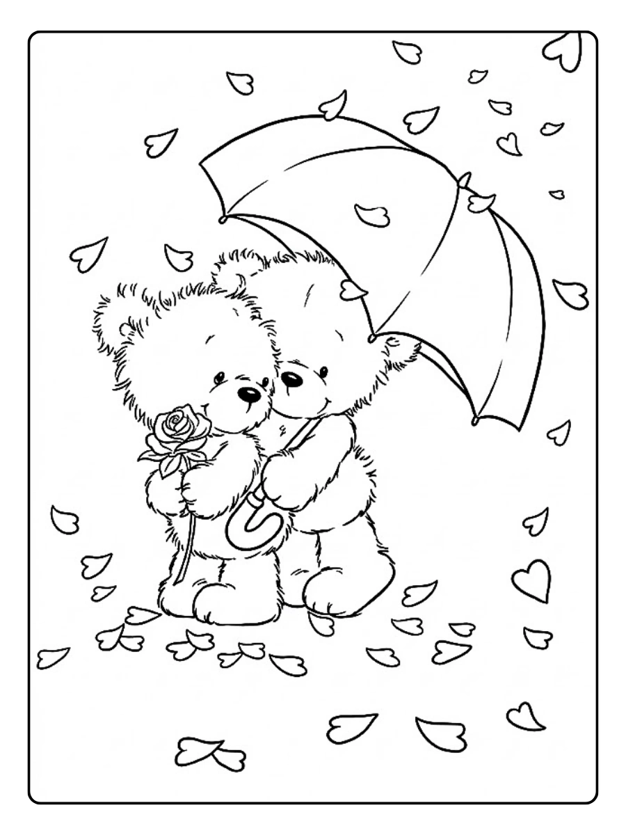 Ositos de San Valentín bajo una lluvia de corazones para Colorear
