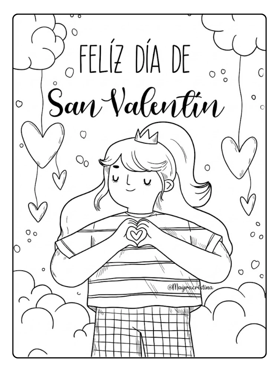 Página para colorear de la niña con el mensaje FELIZ DÍA DE San Valentin