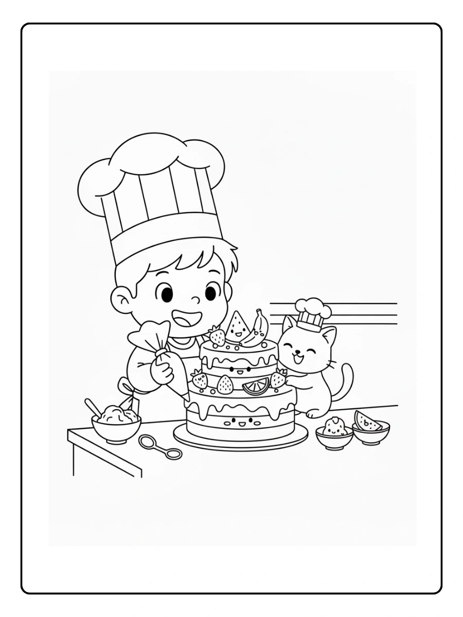 Panadero decorando un pastel con frutas divertidas