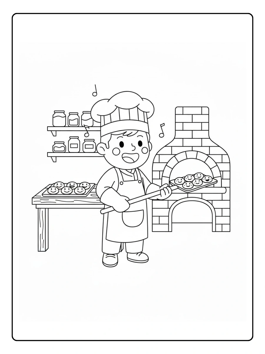 Panadero horneando galletas con caritas sonrientes