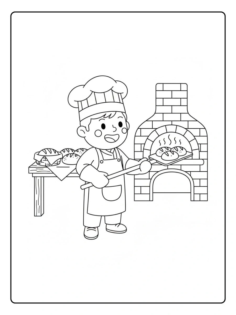 Panadero sacando pan caliente del horno con guantes grandes