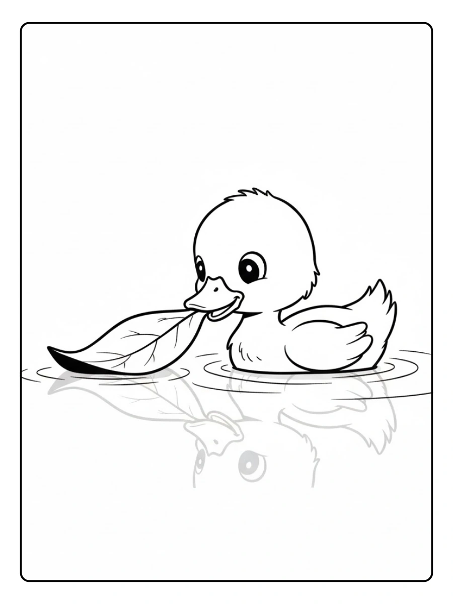 Pato jugando con hojas para colorear