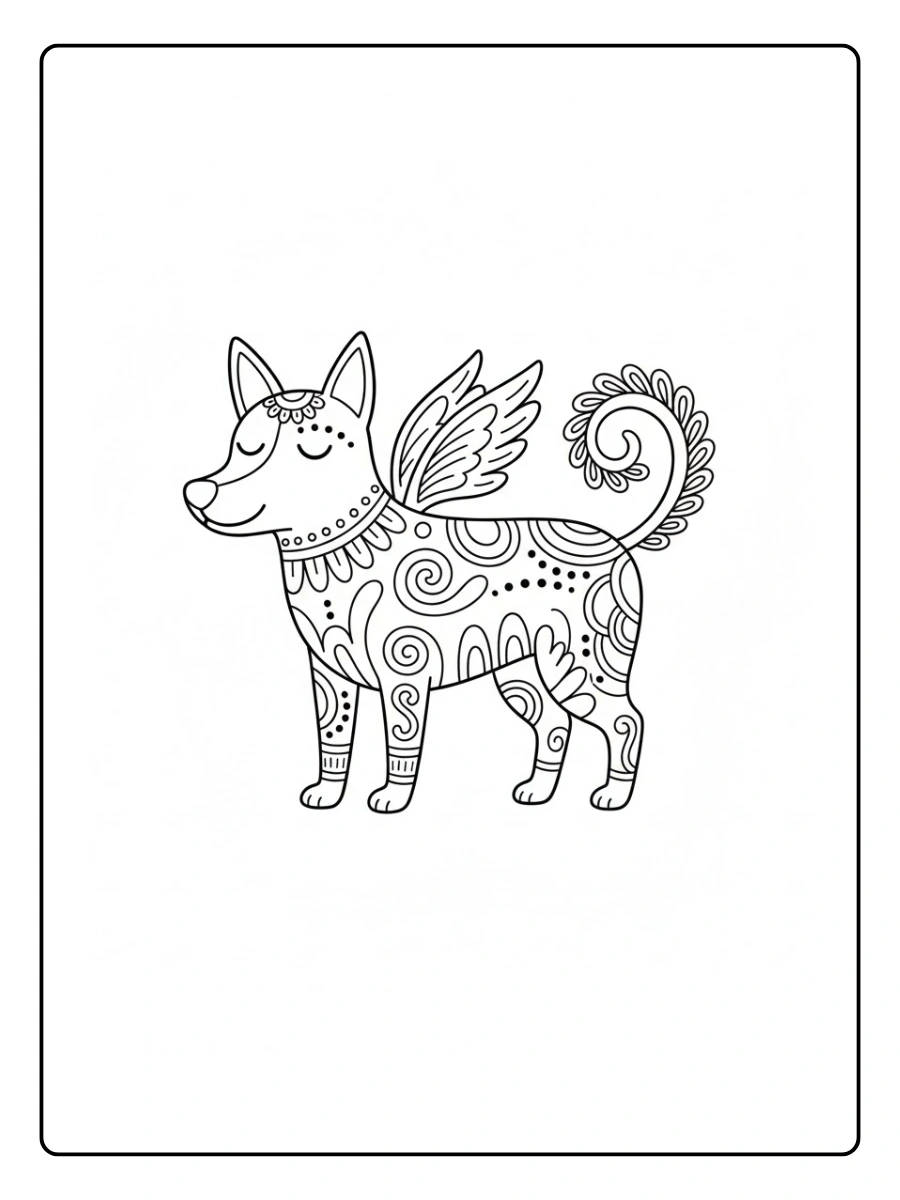 Perro alebrije con ojos cerrados y sonrisahecho solo con círculos grandes