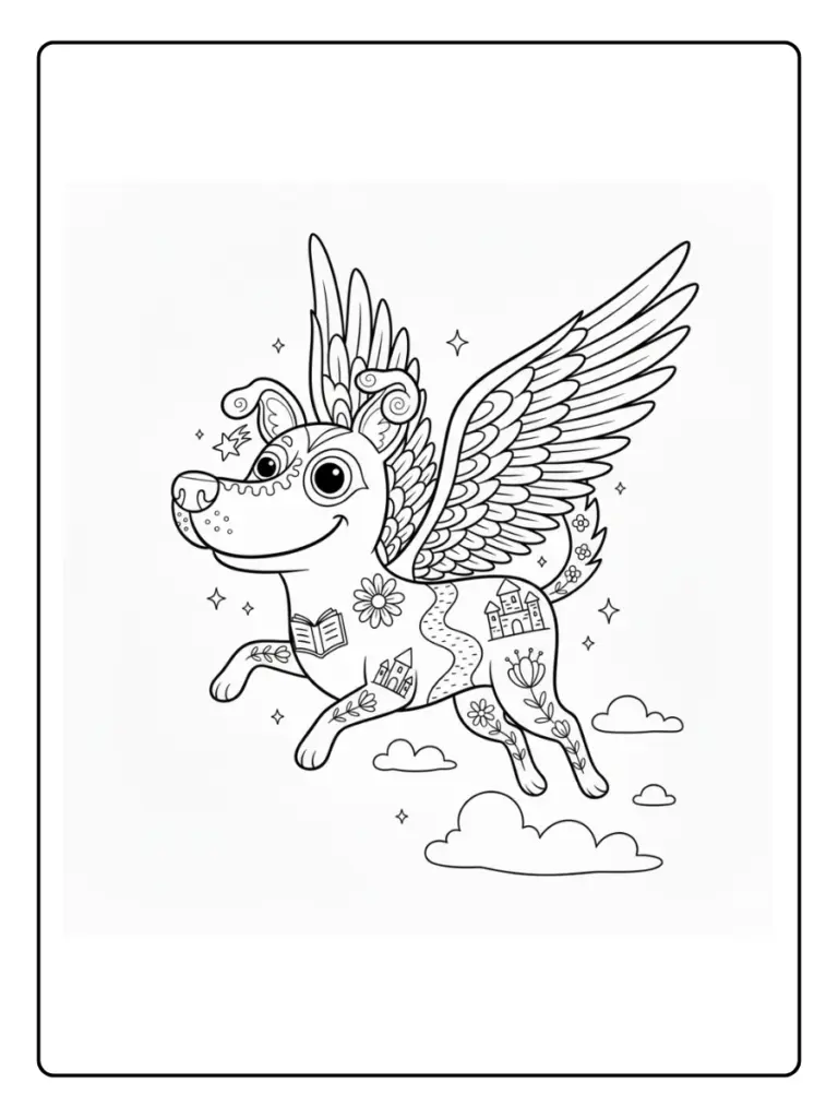 Perro alebrije volando con alas abiertashecho solo con círculos grandes