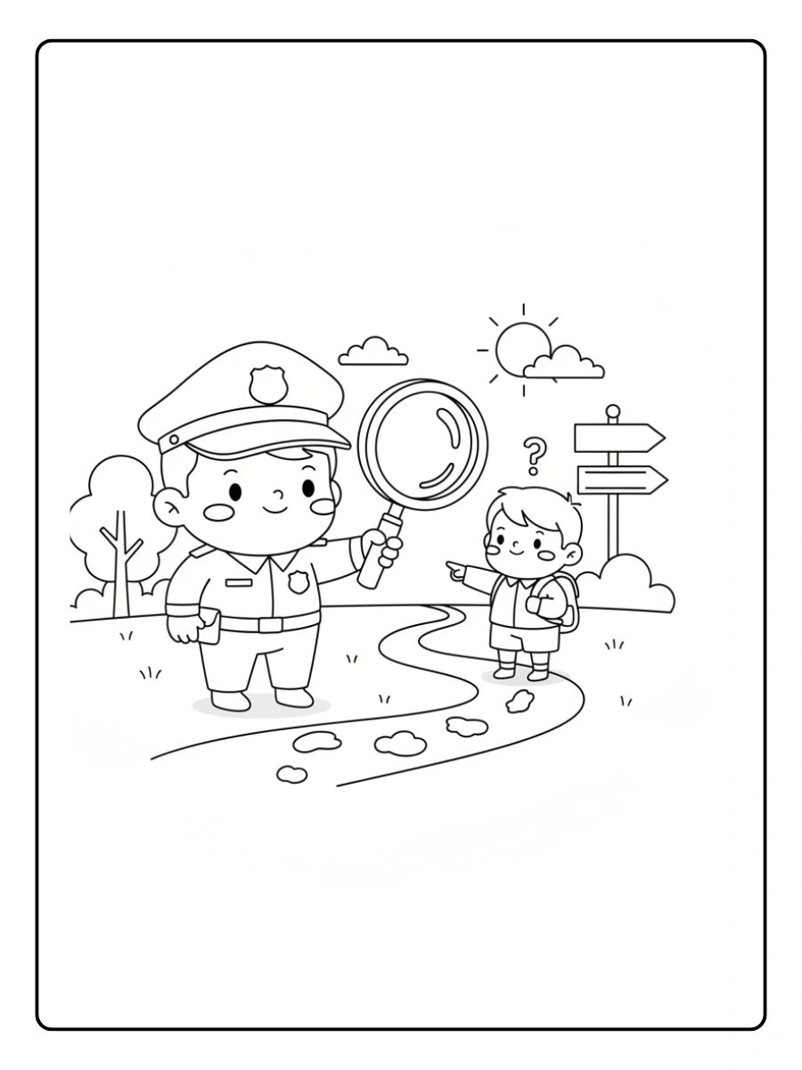 Policía ayudando a encontrar el camino para colorear
