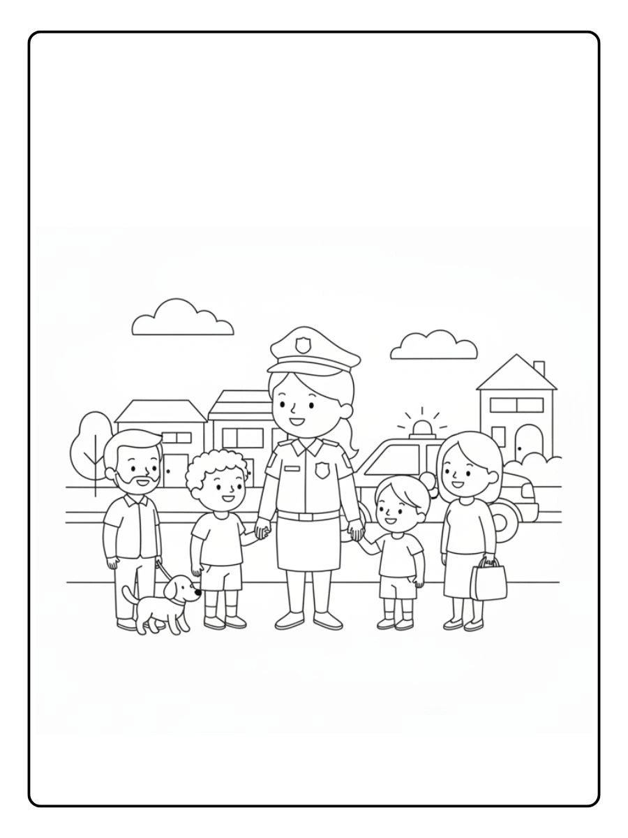 Policía conversando con vecinos para colorear