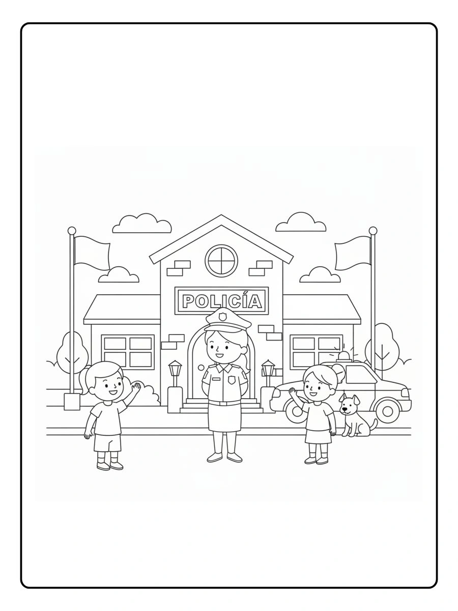 Policía frente a la comisaría para colorear
