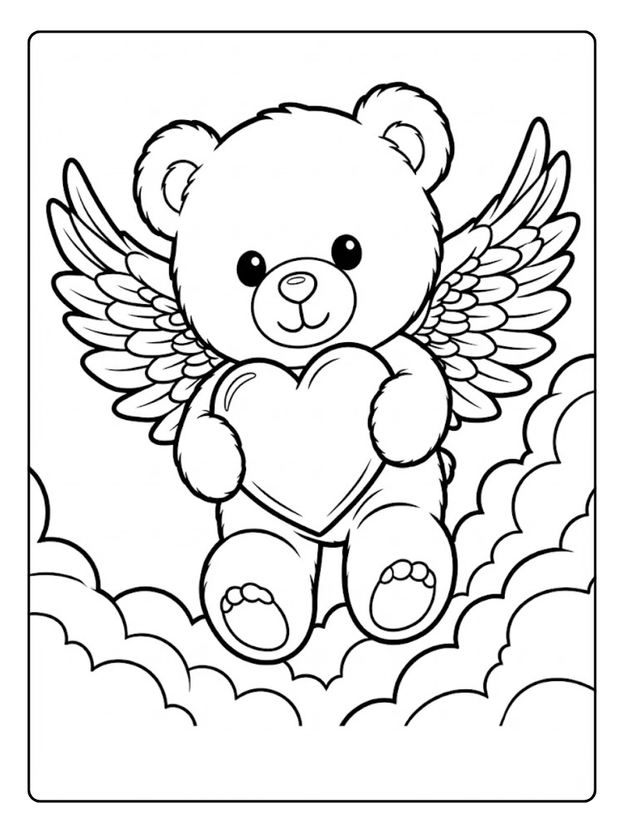 Tierno osito ángel de valentín con un corazón rojo para Colorear