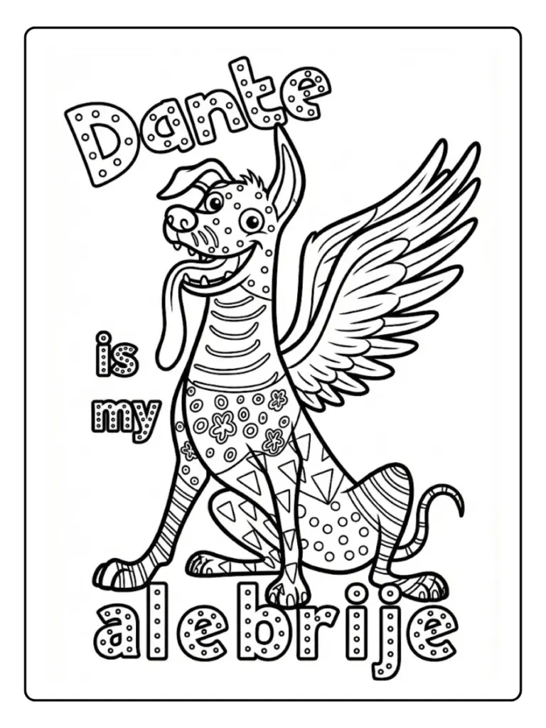 Un alebrije sentado con el texto Dante is my alebrije