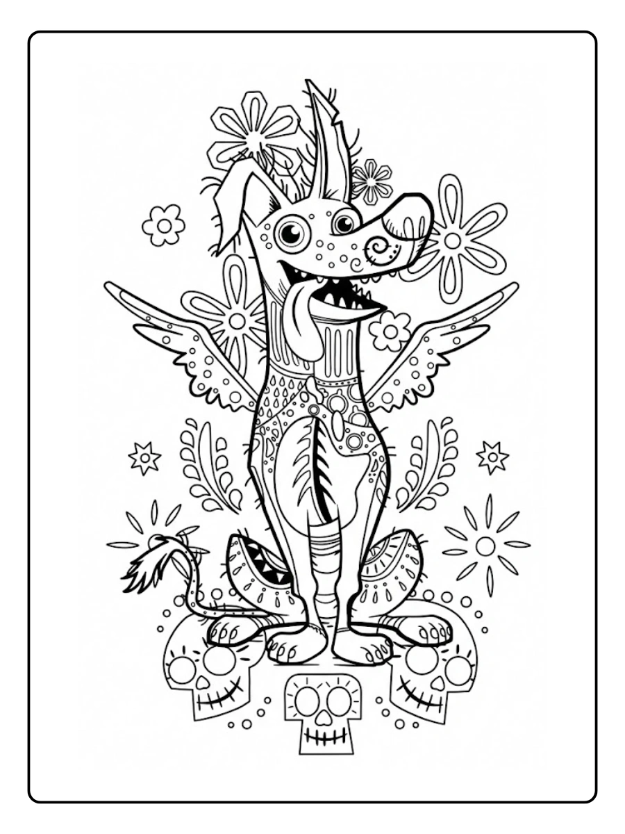 Un alebrije sentado sobre calaveras y flores